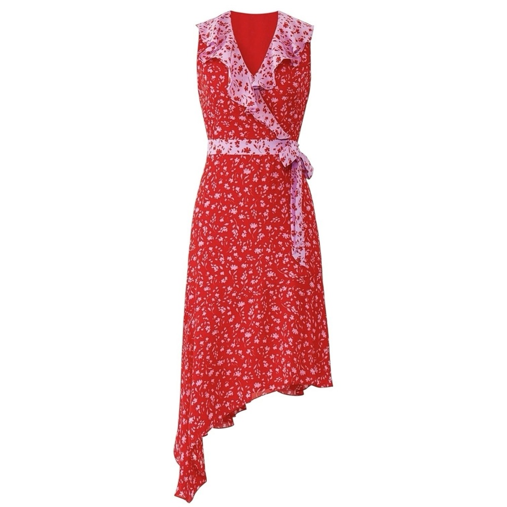 Parker NY Kaia Silk Wrap Dress Red Floral Ruffle Asymmetrical Hem Sleeveless 4